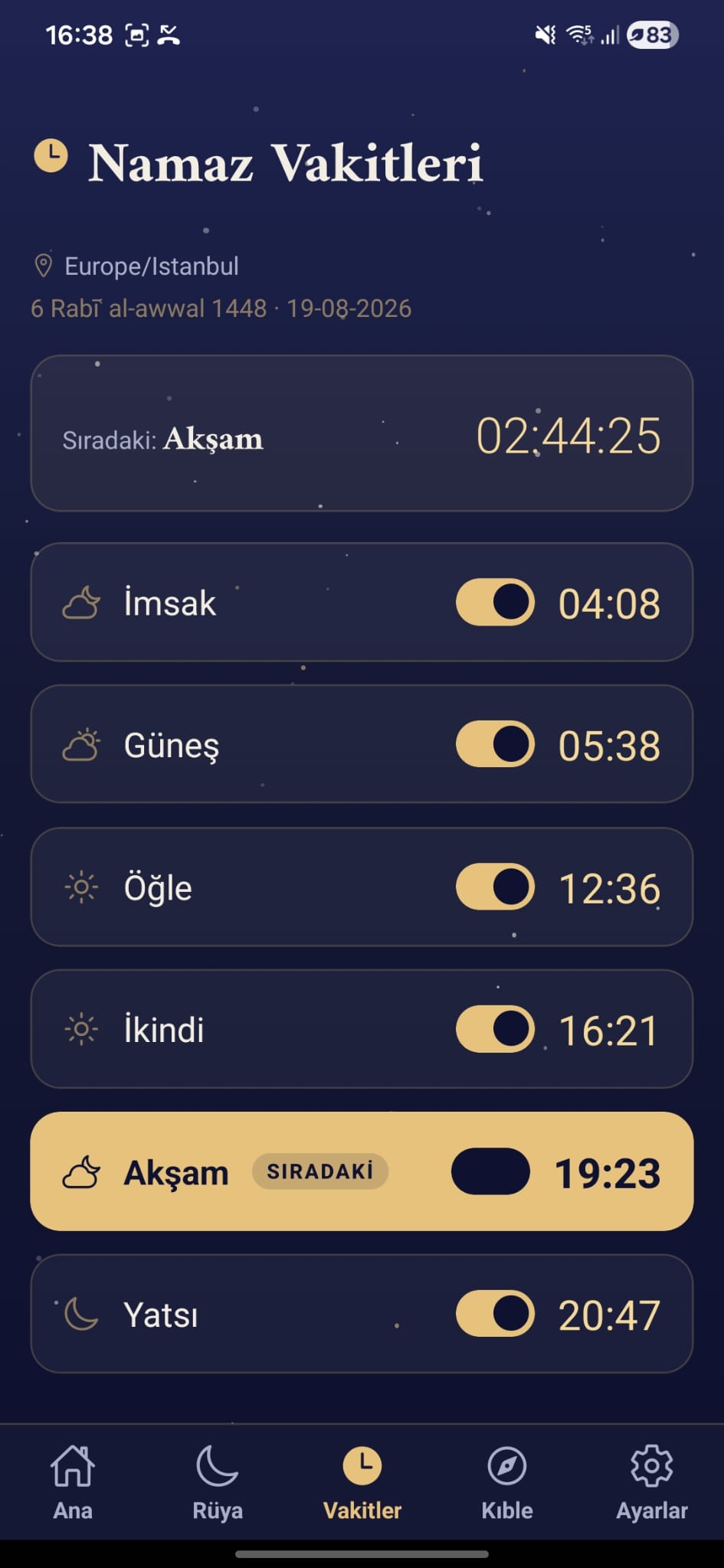 Namaz vakitleri ve alarmlar